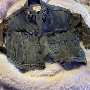 American Eagle Outfitters Denim Jacket with Camo Sleeves